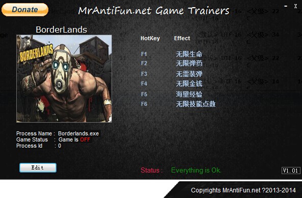 无主之地2六项修改器 v1.4.2.1 MrAntiFun 汉化版