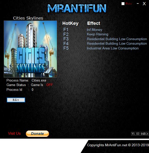 城市天际线五项修改器 v1.12.1 MrAntiFun版