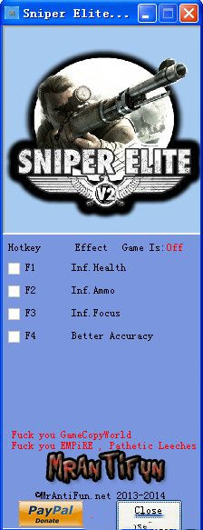 狙击精英V2四项修改器 v1.14 AntiFun版